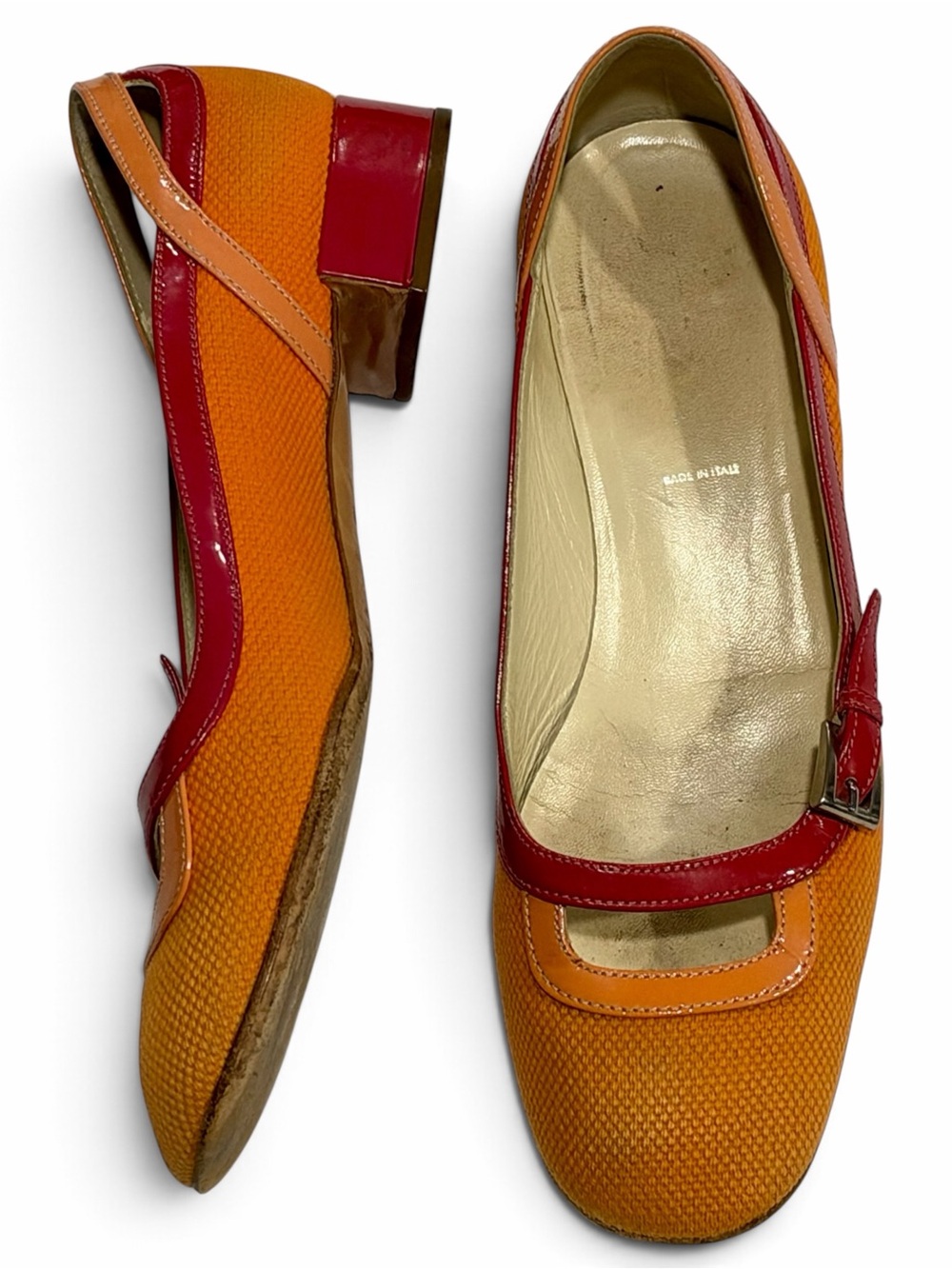 Prada Orange Pink Mary Jane Pumps Colorblock Low Block Heels EU 37 Mod